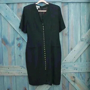 80s Vintage Black Dress Formal Gold Button Ronnie Rosado Size 11 12 Medium